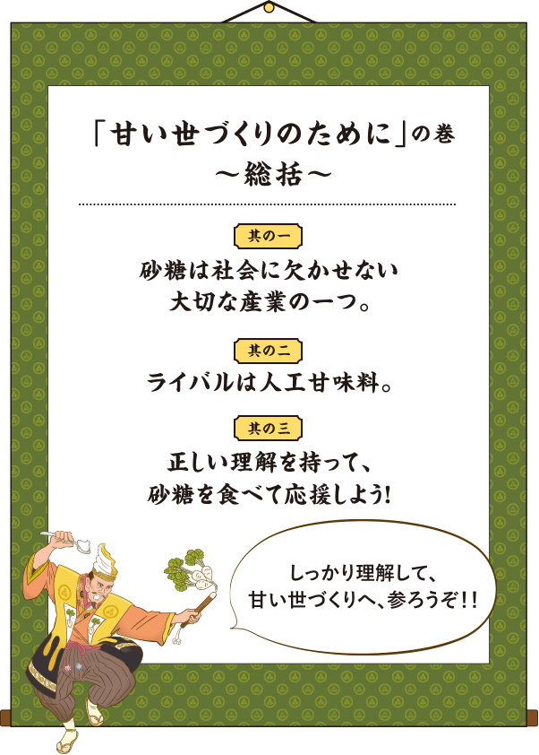 「甘い世づくりのために」の巻 〜総括〜 其の一 砂糖は社会に欠かせない大切な産業の一つ。 其の二 ライバルは人工甘味料。 其の三 正しい理解を持って、砂糖を食べて応援しよう！ しっかり理解して、甘い世づくりへ、参ろうぞ！！